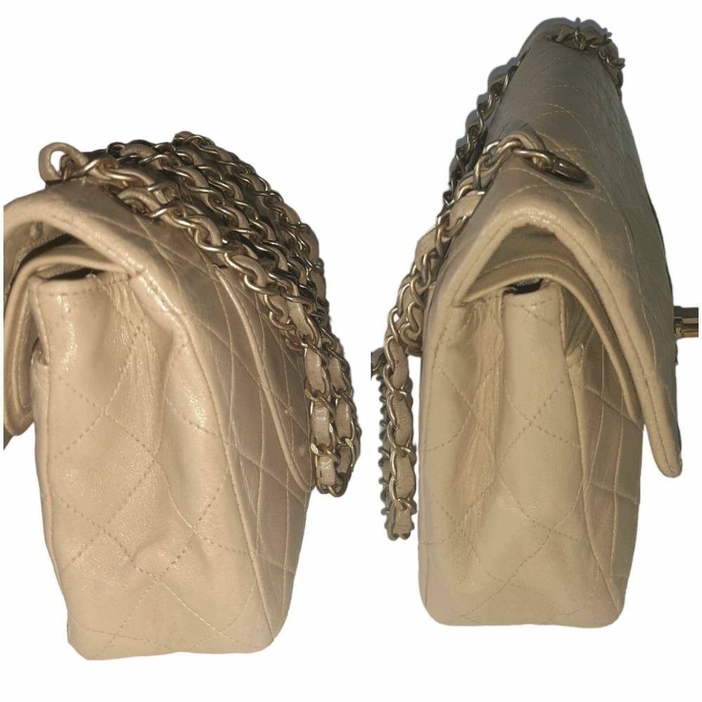 Vtg Chanel Classic Quilted Lambskin Double Flap Bag Beige Small 24k - Picture 12 of 16
